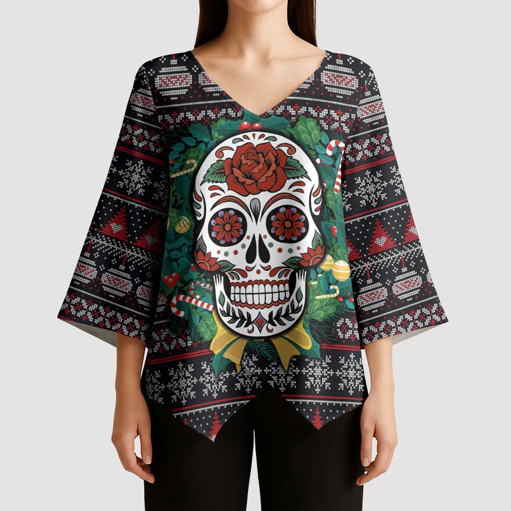 Skull Christmas Kimono Sleeve Blouse Xmas Holiday Patterns - Aljaira