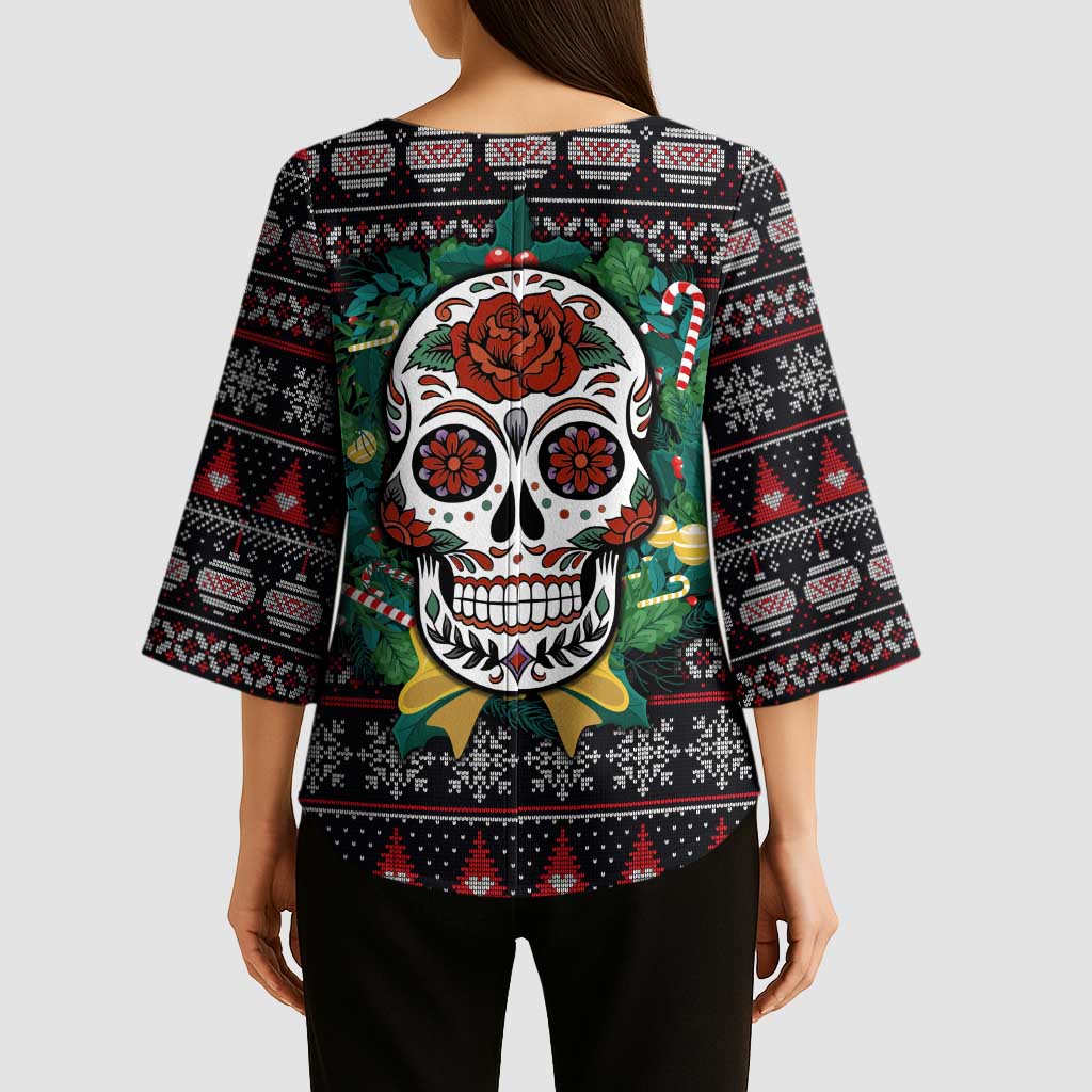 Skull Christmas Kimono Sleeve Blouse Xmas Holiday Patterns - Aljaira