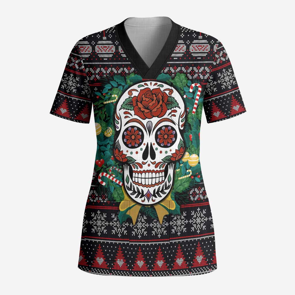 Skull Christmas Scrub Top Xmas Holiday Patterns - Aljaira