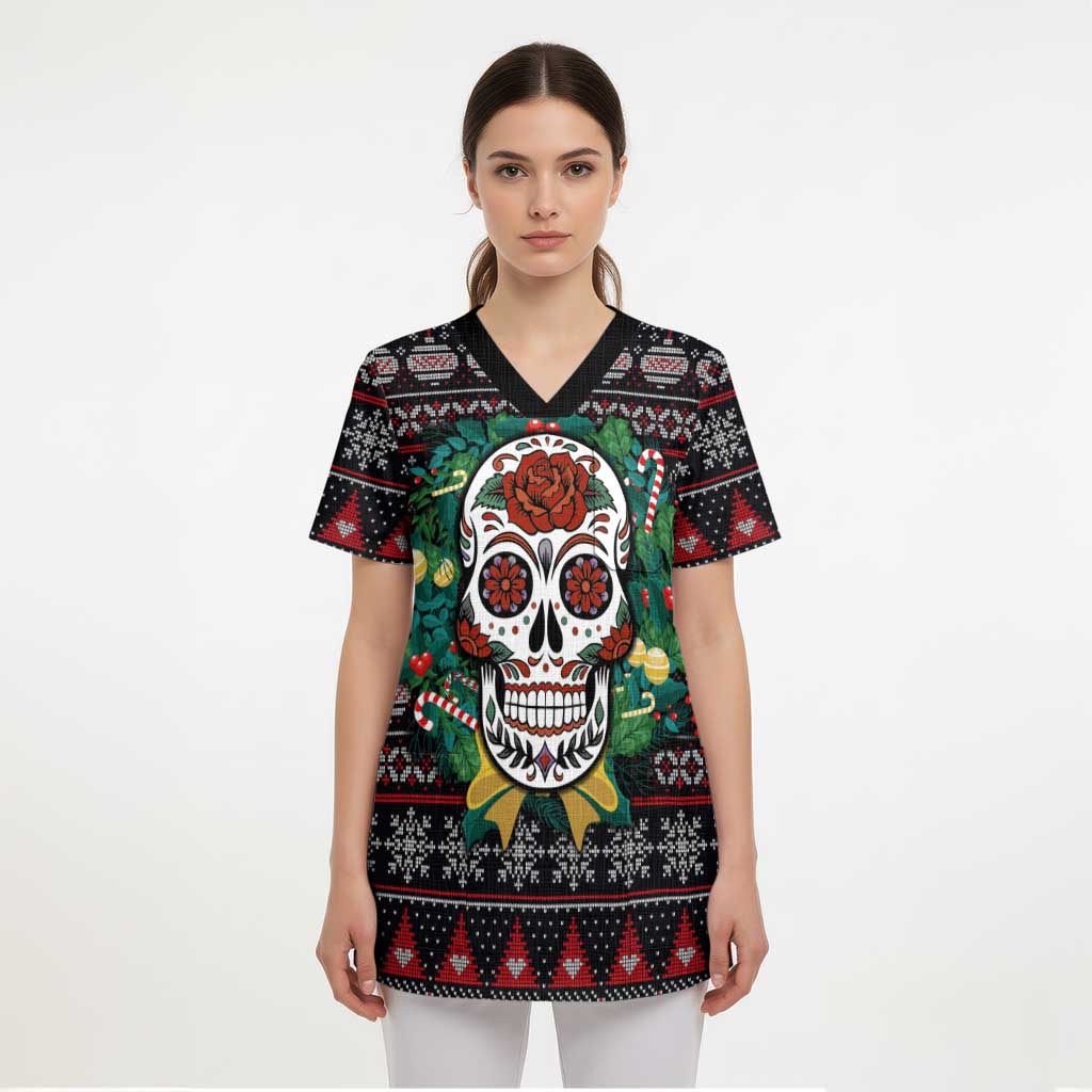 Skull Christmas Scrub Top Xmas Holiday Patterns - Aljaira