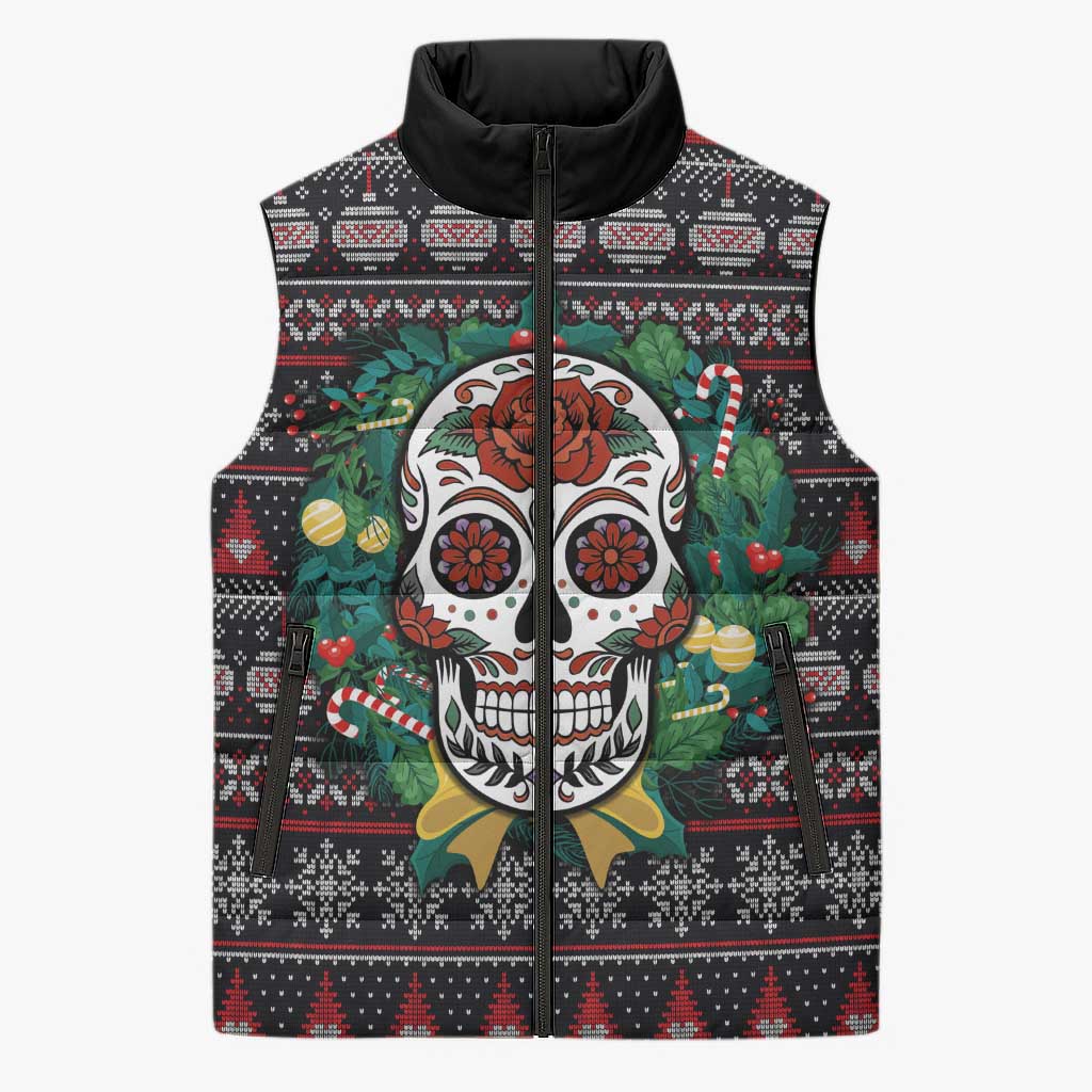 Skull Christmas Sleeveless Puffer Jacket Xmas Holiday Patterns - Aljaira