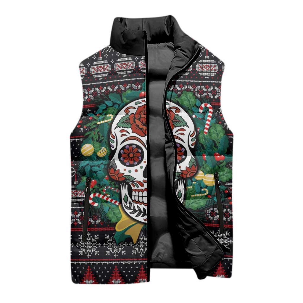 Skull Christmas Sleeveless Puffer Jacket Xmas Holiday Patterns - Aljaira