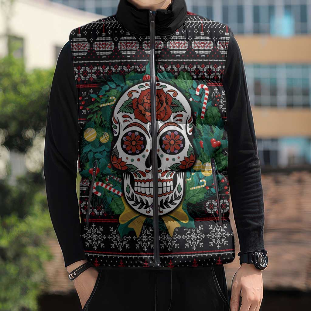 Skull Christmas Sleeveless Puffer Jacket Xmas Holiday Patterns - Aljaira