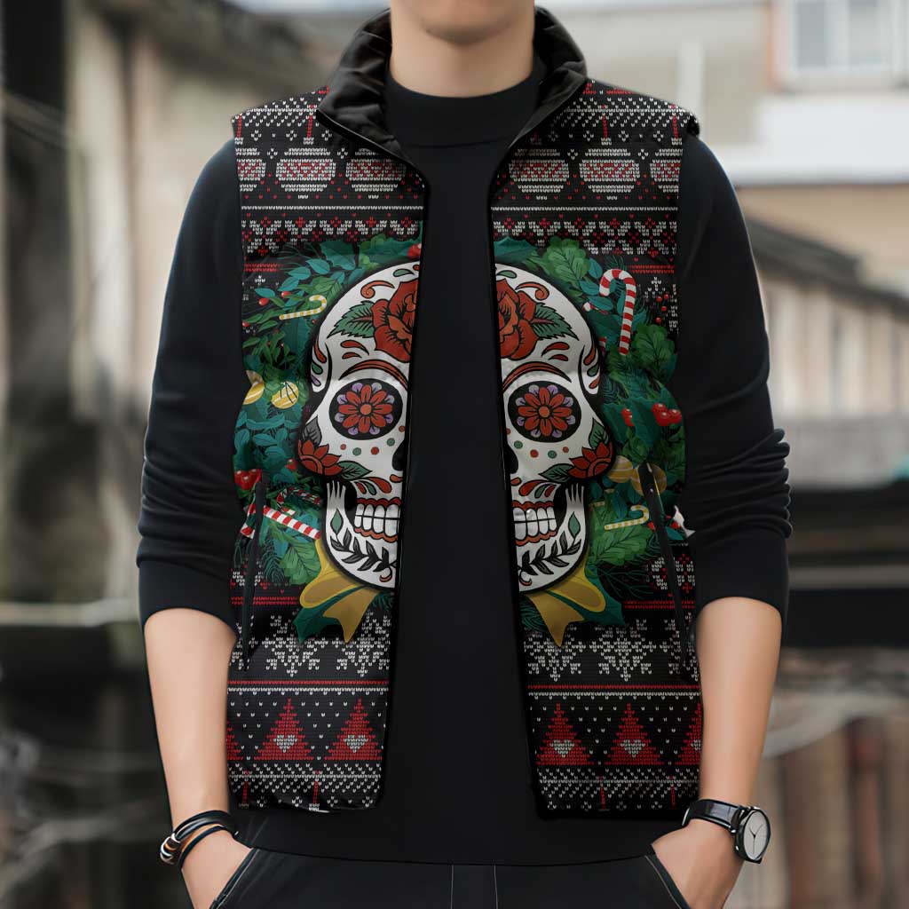 Skull Christmas Sleeveless Puffer Jacket Xmas Holiday Patterns - Aljaira