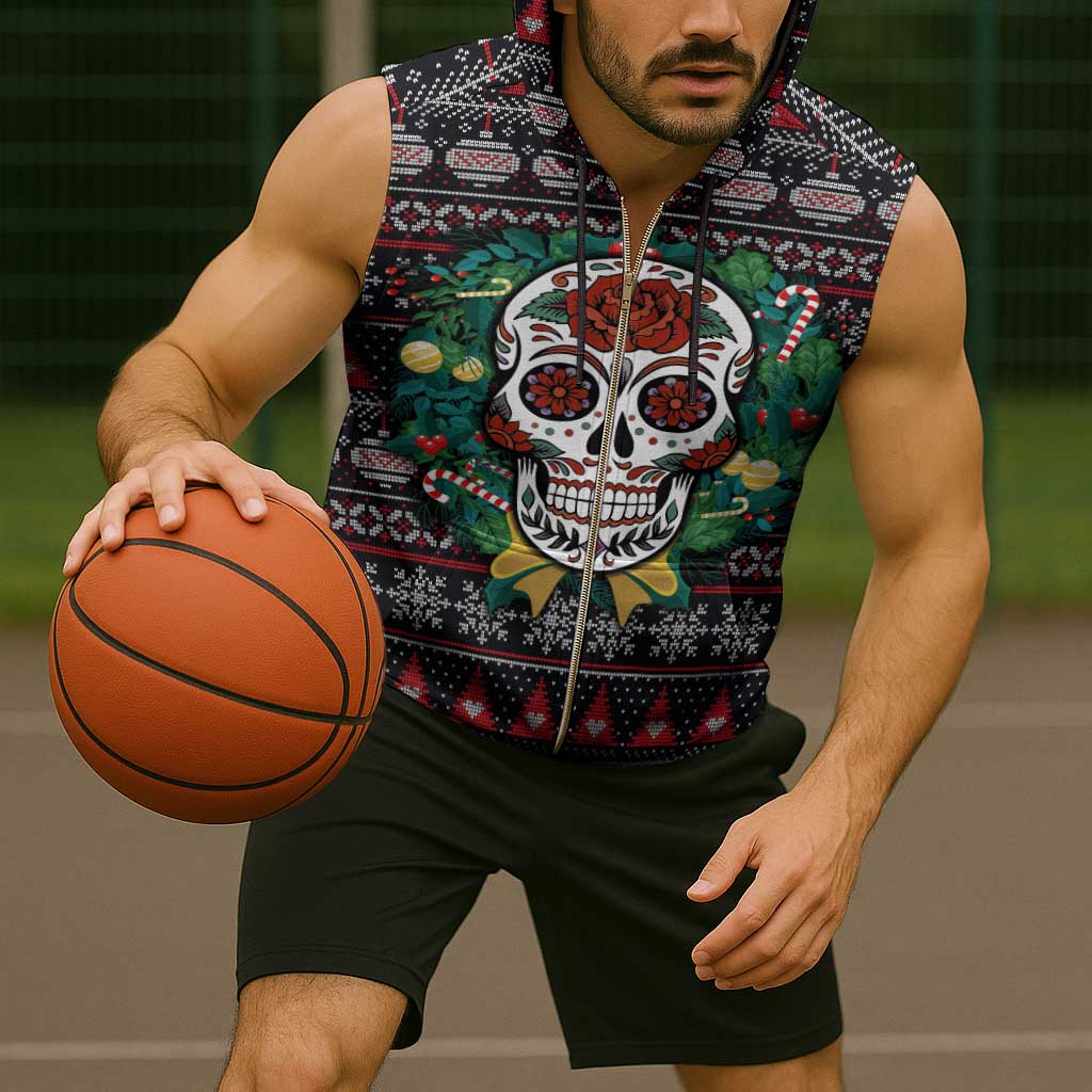 Skull Christmas Sleeveless Zip Hoodie Xmas Holiday Patterns - Aljaira