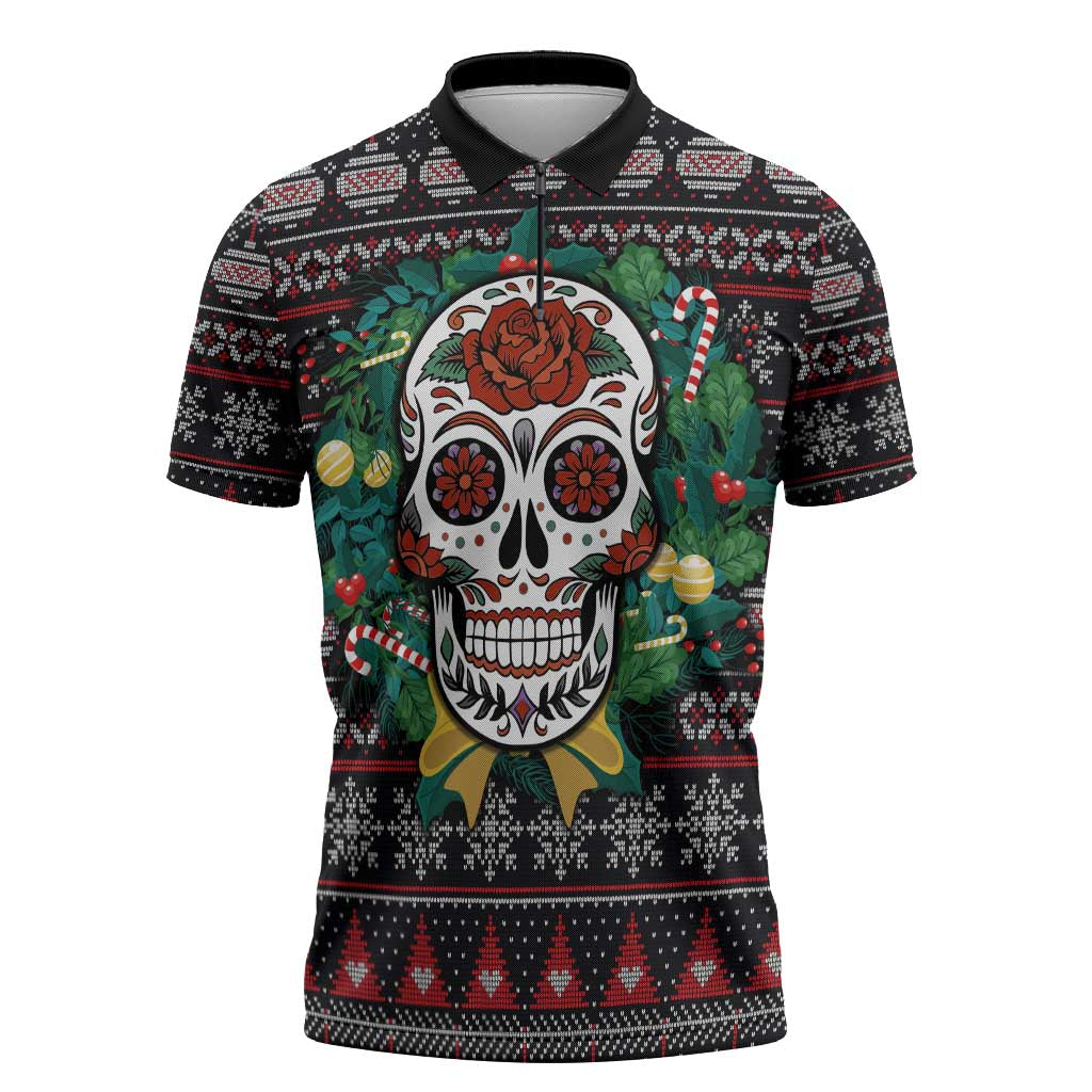Skull Christmas Zipper Polo Shirt Xmas Holiday Patterns - Aljaira