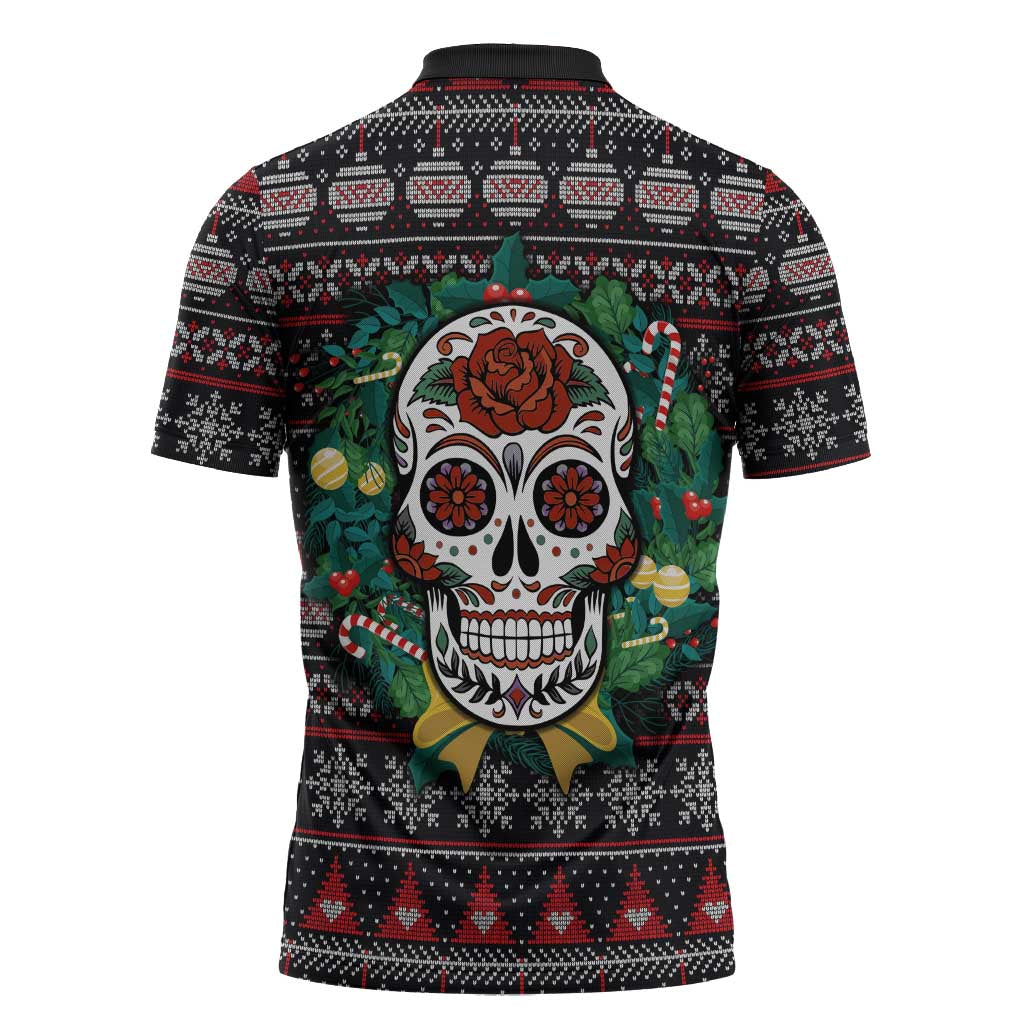 Skull Christmas Zipper Polo Shirt Xmas Holiday Patterns - Aljaira