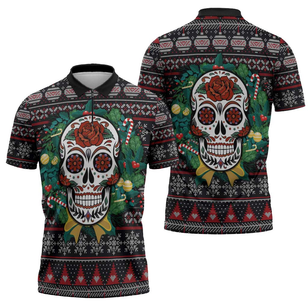 Skull Christmas Zipper Polo Shirt Xmas Holiday Patterns - Aljaira