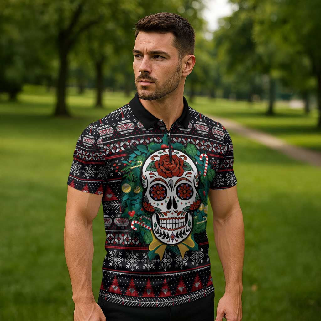 Skull Christmas Zipper Polo Shirt Xmas Holiday Patterns - Aljaira