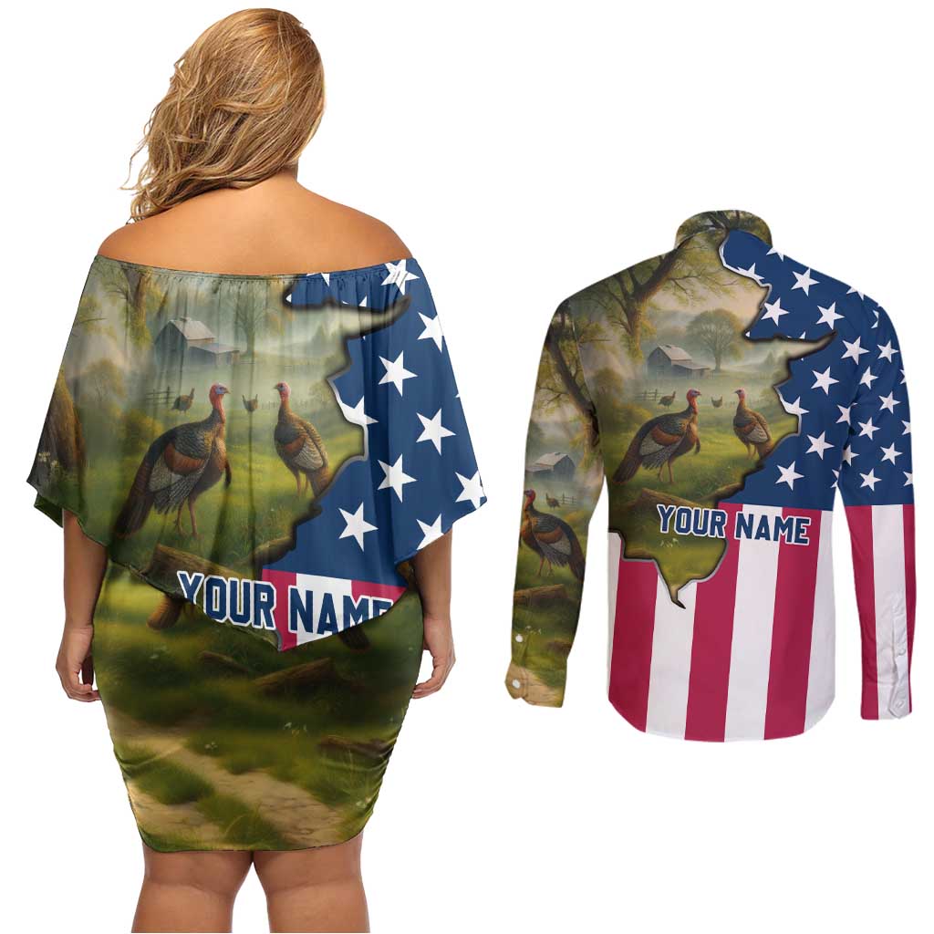 Custom American Flag Turkey Hunting Couples Matching Off Shoulder Short ...