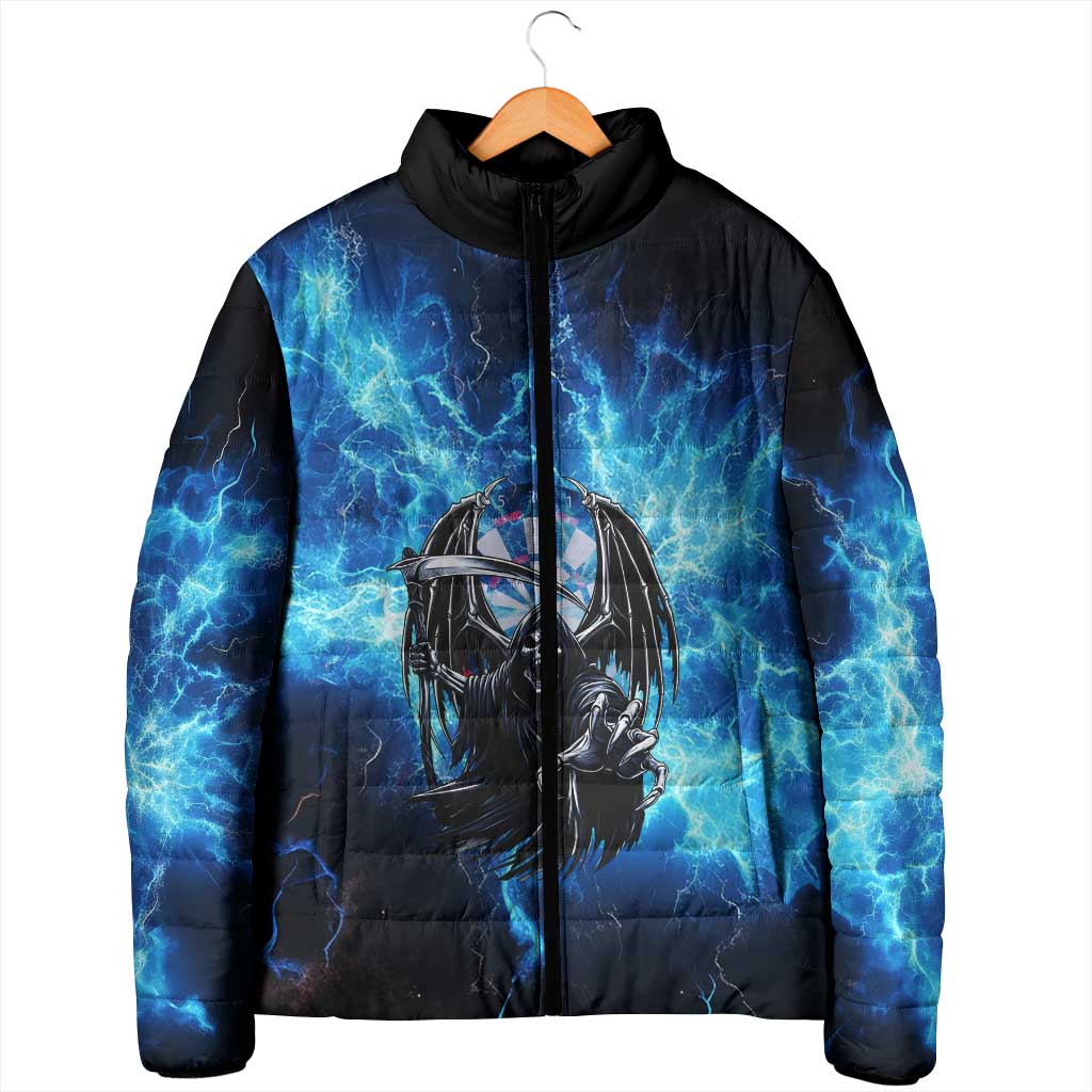 Custom Grim Reaper Bowling Padded Jacket with Blue Lightning Background ...