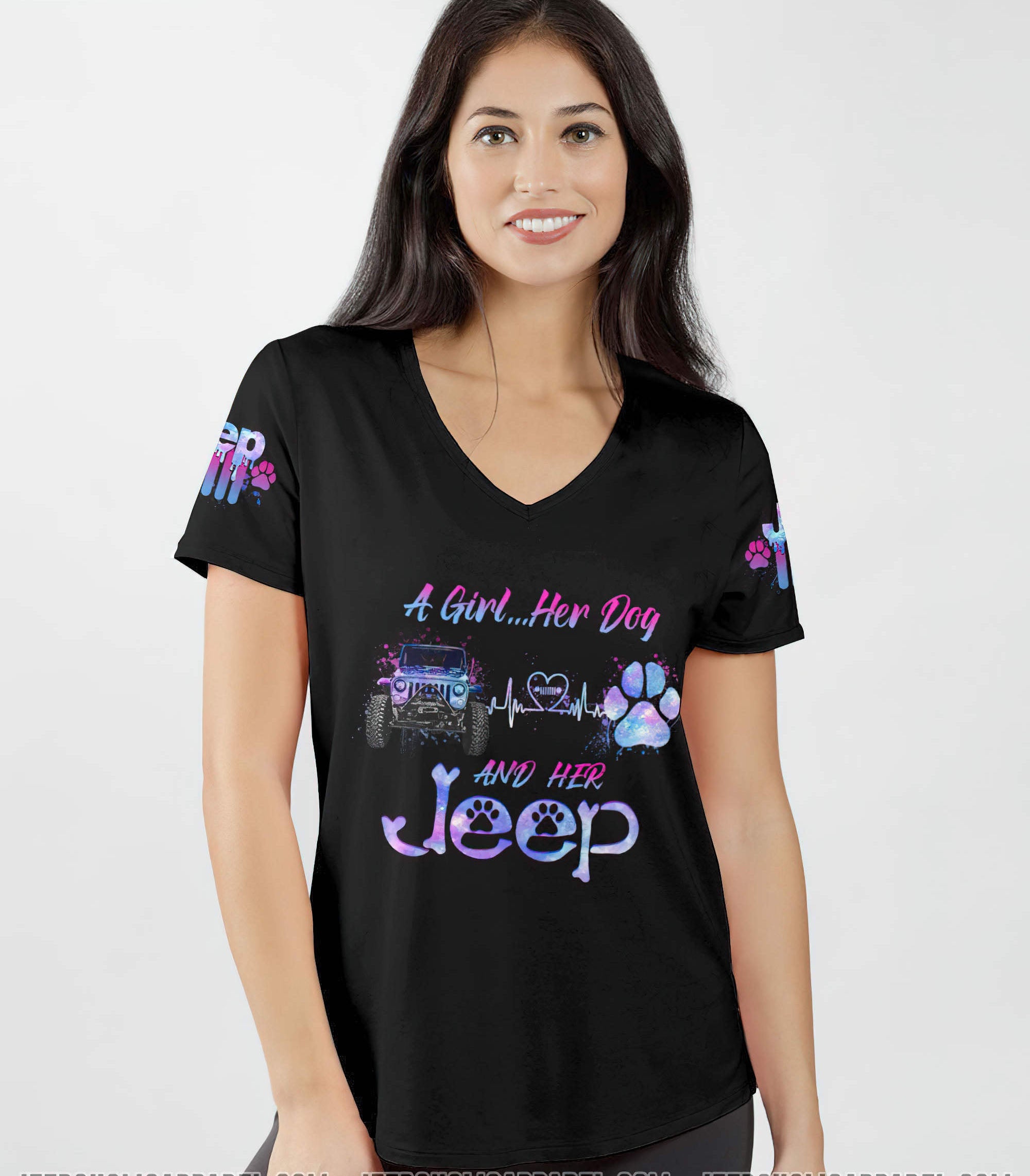 a-girl-her-dog-and-her-jeep-women-v-neck-t-shirt