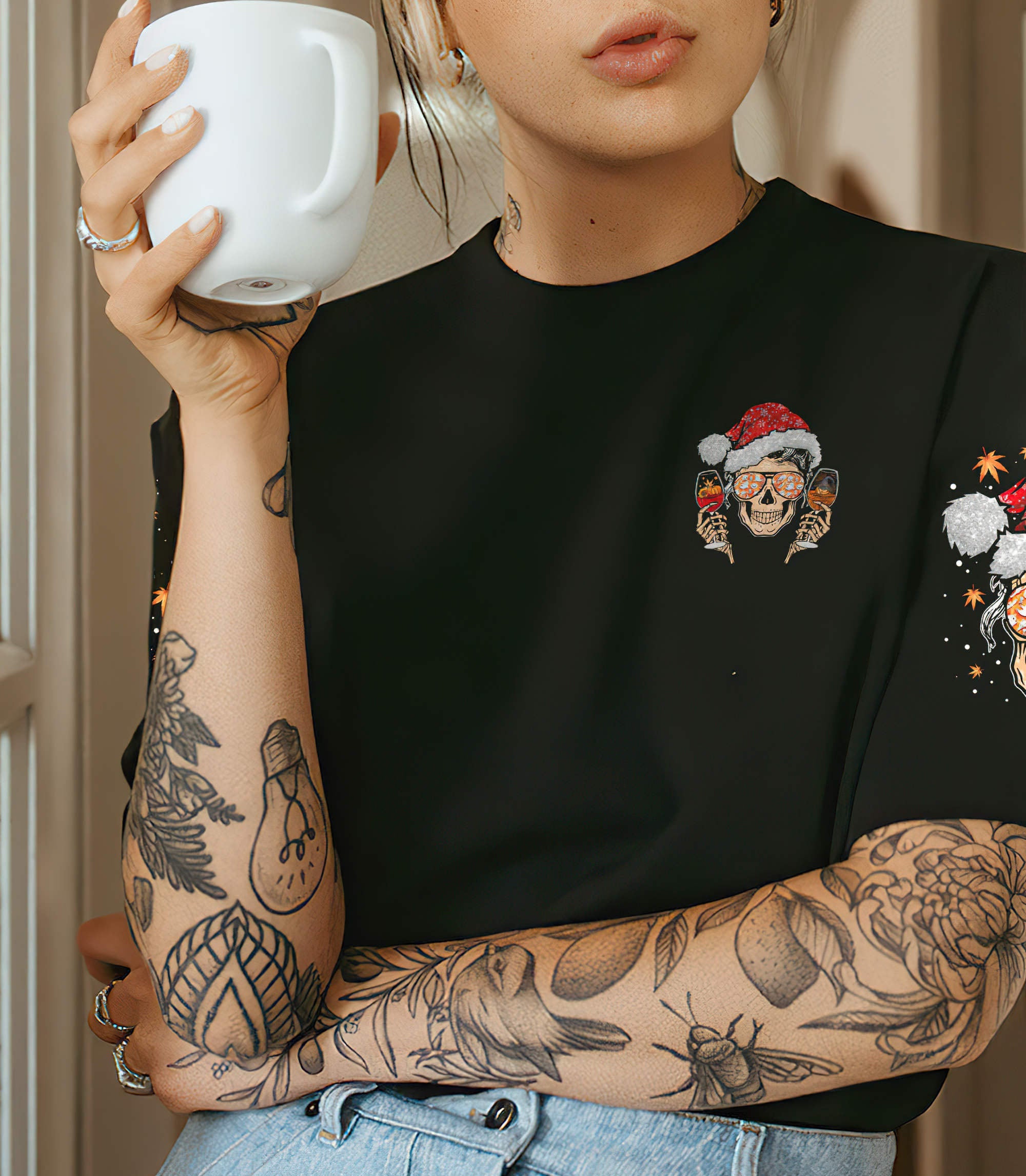 happy-hallothanksmas-messy-bun-all-over-print-t-shirt