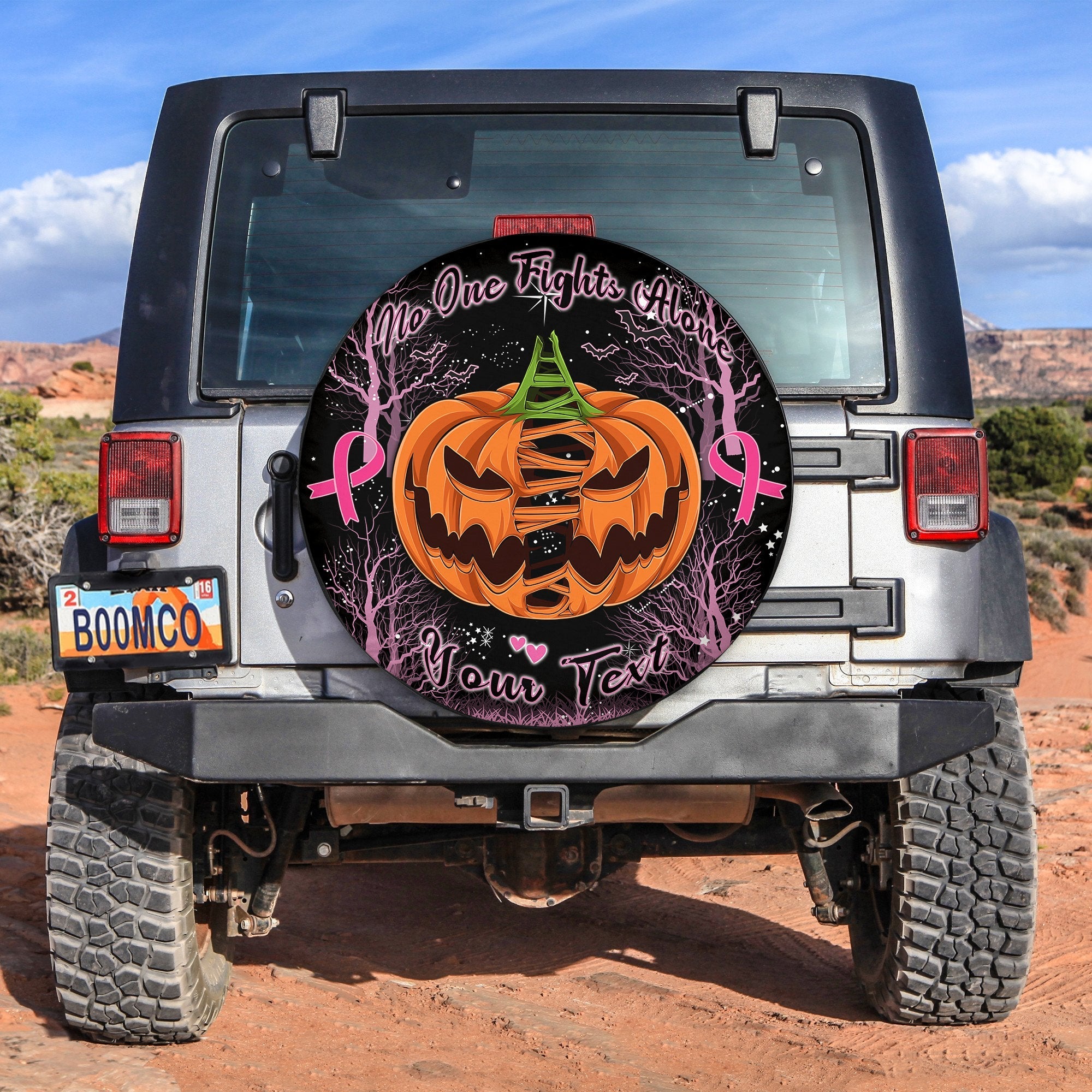custom-personalised-breast-cancer-spare-tire-cover-no-one-fights-alone-pumpkin-halloween-in-dark-forest