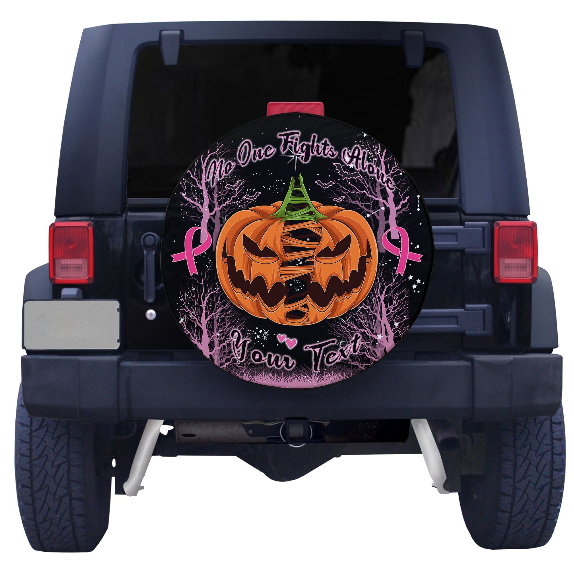 custom-personalised-breast-cancer-spare-tire-cover-no-one-fights-alone-pumpkin-halloween-in-dark-forest