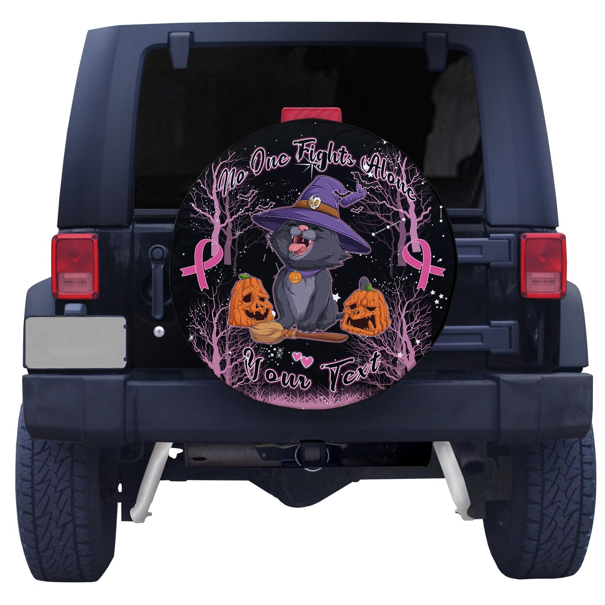 custom-personalised-breast-cancer-spare-tire-cover-no-one-fights-alone-cat-halloween-in-dark-forest