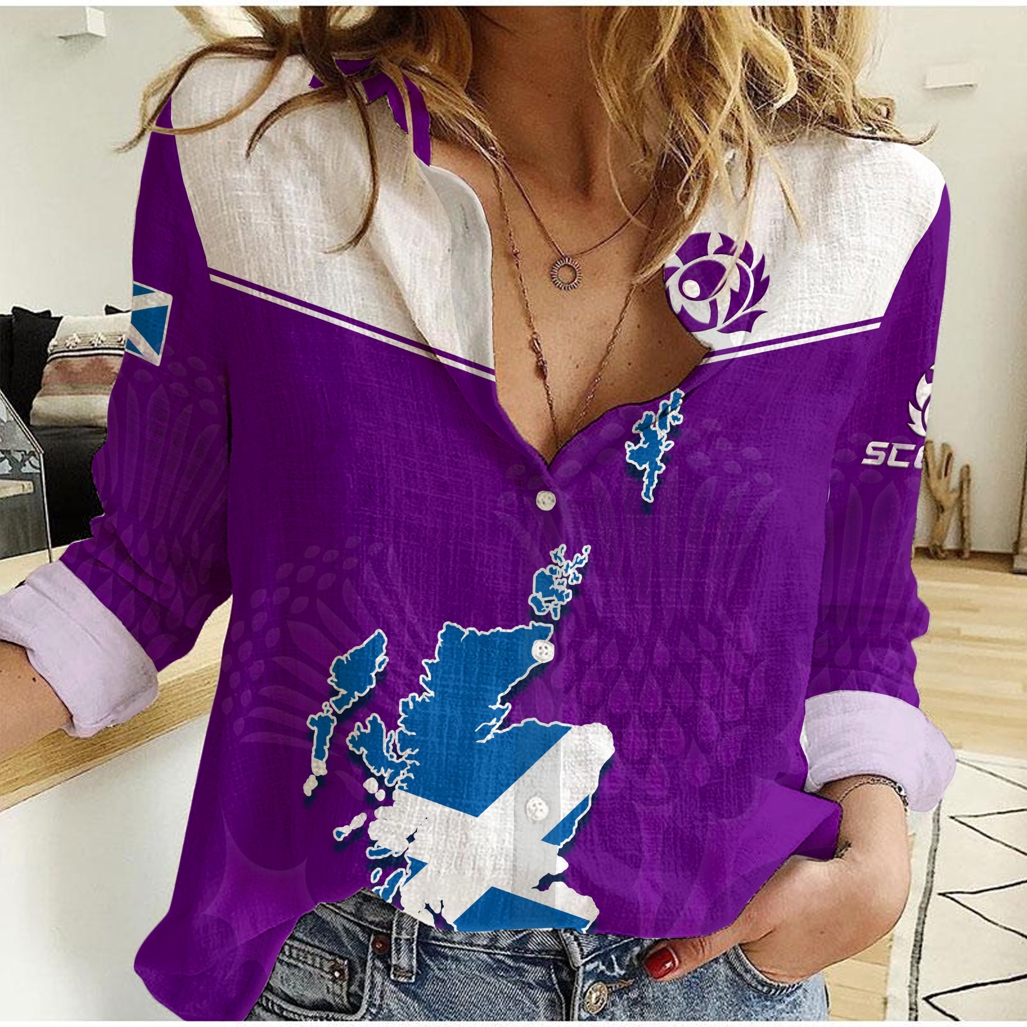custom-text-and-number-scottish-rugby-women-casual-shirt-map-of-scotland-thistle-purple-version