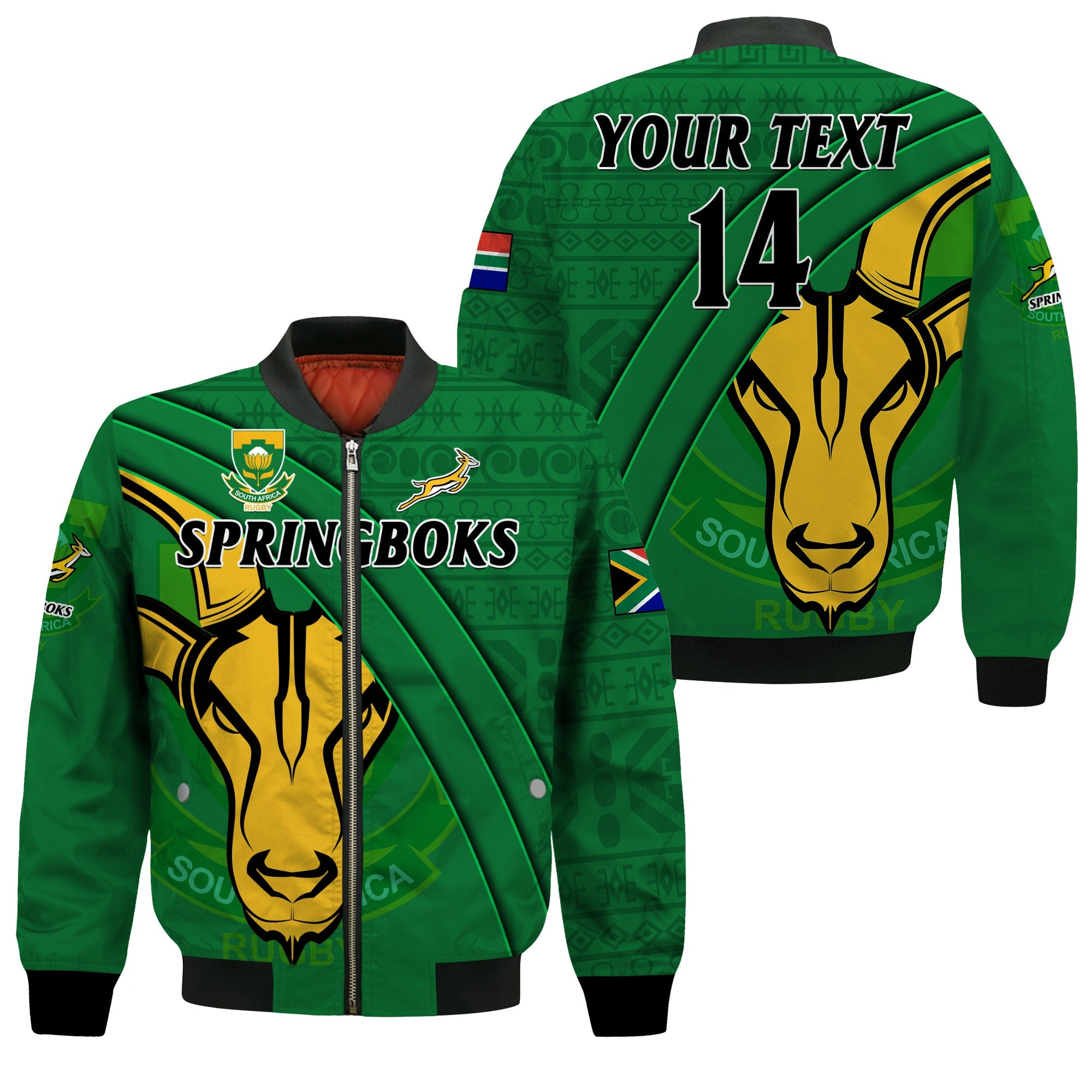 (Custom Text And Number) South Africa Rugby Bomber Jacket Bokke Springbok With African Pattern Stronger Together LT14