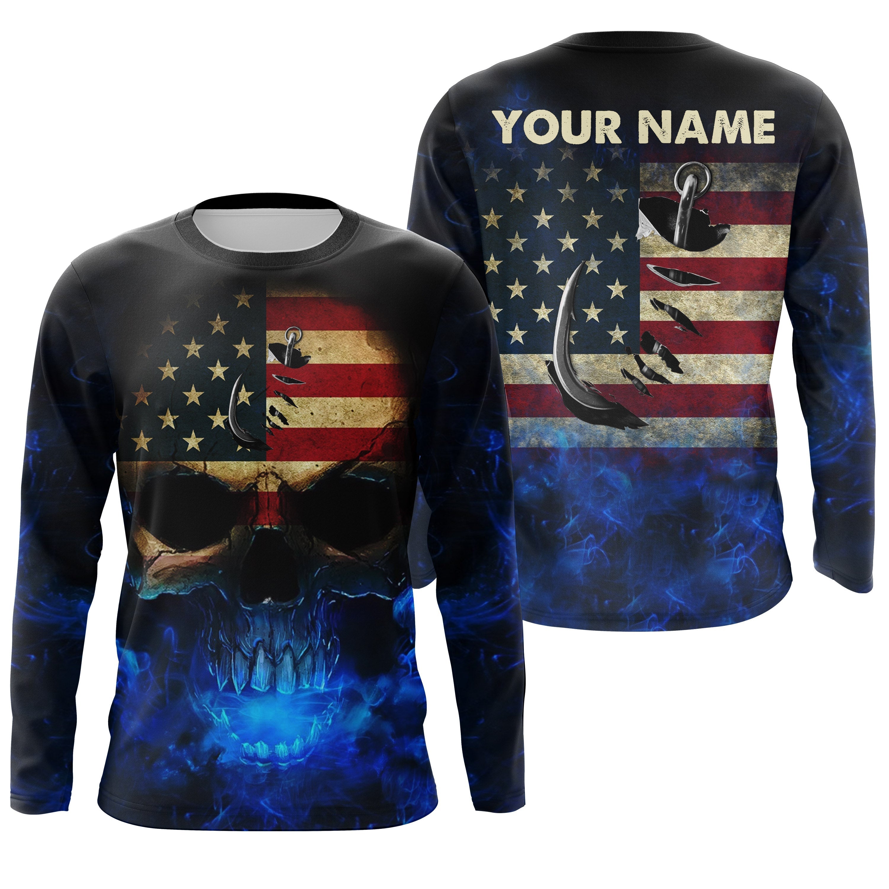 american-flag-skull-fishing-hook-blue-glaxy-custom-shirt-personalized-patriotic-skull-fishing-gifts-fishing-long-sleeve-shirts