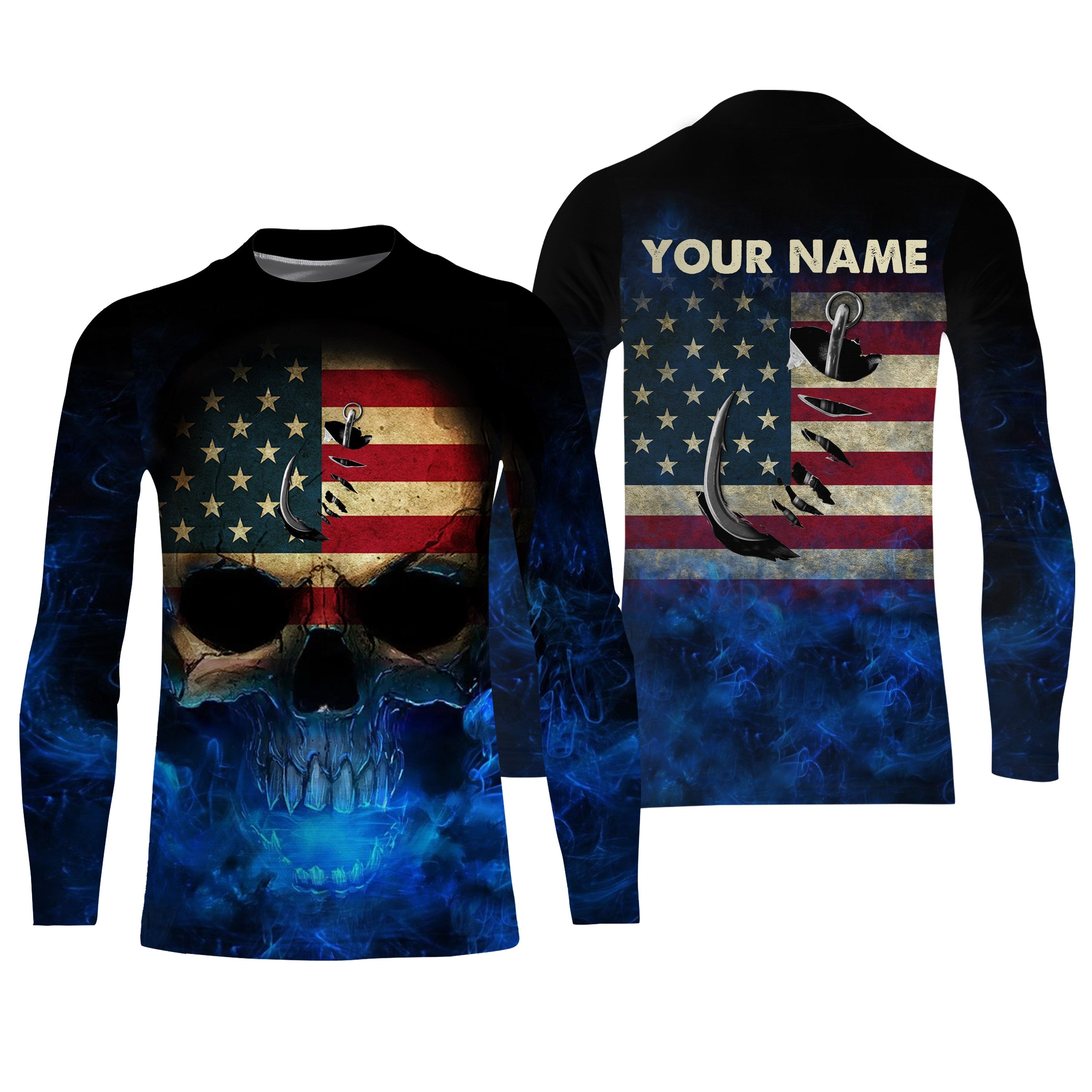 american-flag-skull-fishing-hook-blue-glaxy-custom-shirt-personalized-patriotic-skull-fishing-gifts-fishing-long-sleeve-shirts