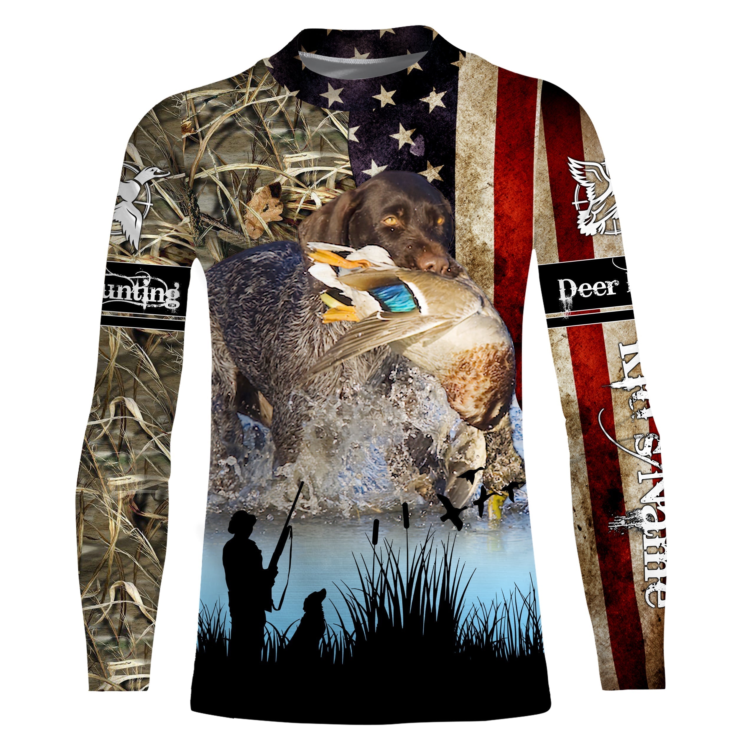 american-flag-german-shorthaired-pointer-duck-hunting-dog-waterfowl-camo-custom-name-hunting-apparel-fishing-long-sleeve-shirts