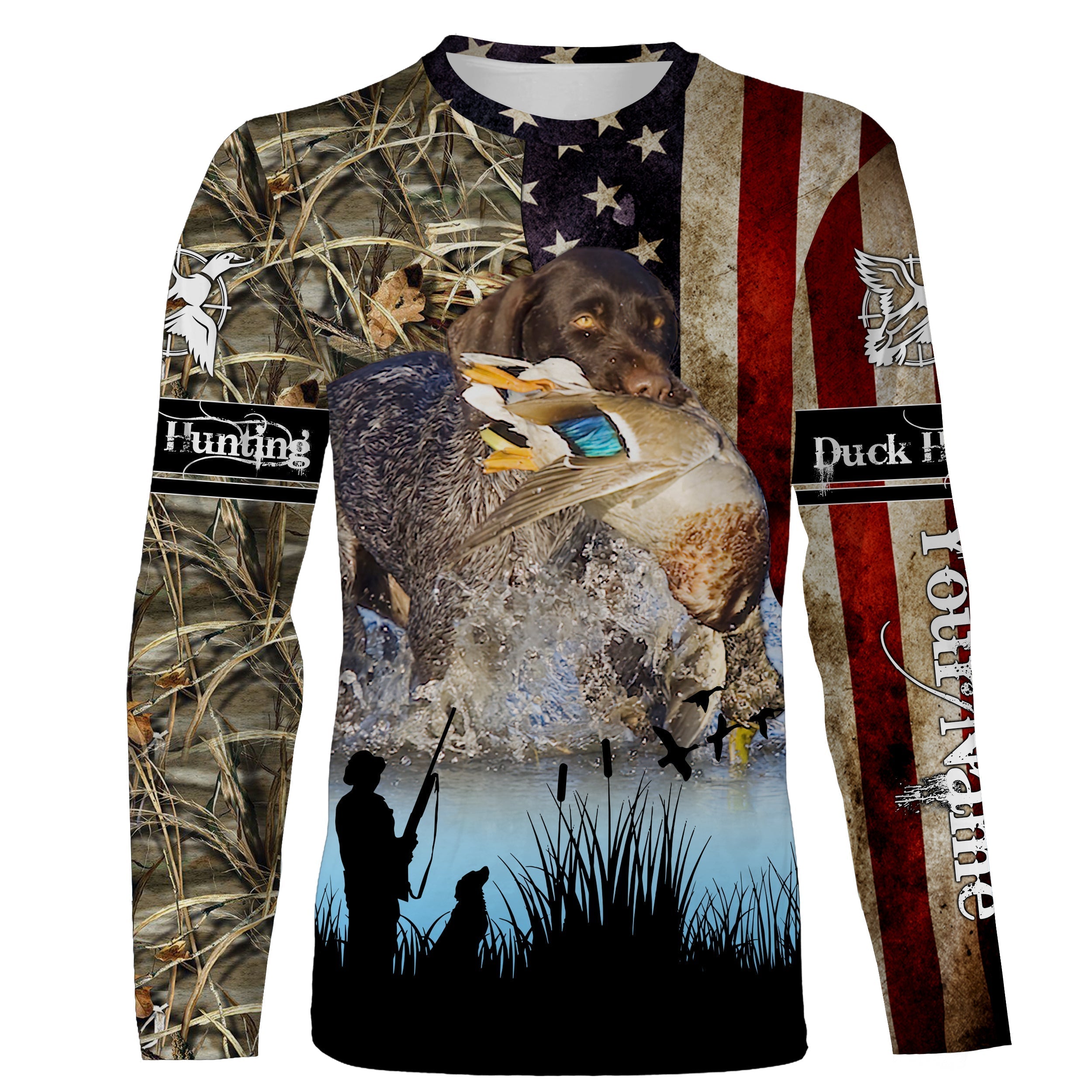 american-flag-german-shorthaired-pointer-duck-hunting-dog-waterfowl-camo-custom-name-hunting-apparel-fishing-long-sleeve-shirts
