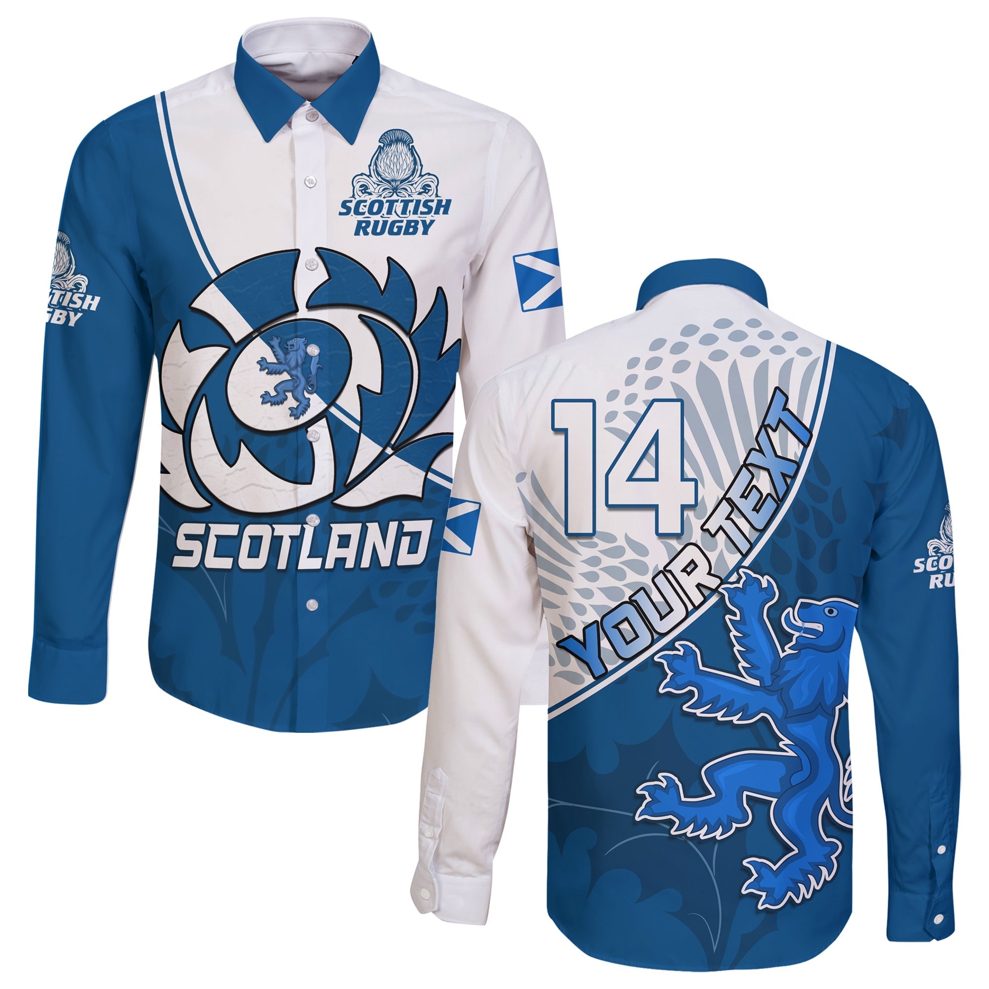 (Custom Text and Number) Scotland Rugby Long Sleeve Button Shirt Scottish Coat Of Arms Mix Thistle Newest Version LT14