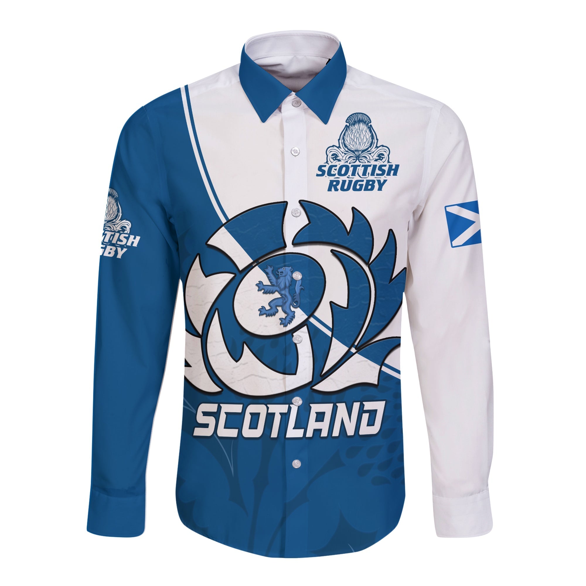(Custom Text and Number) Scotland Rugby Long Sleeve Button Shirt Scottish Coat Of Arms Mix Thistle Newest Version LT14