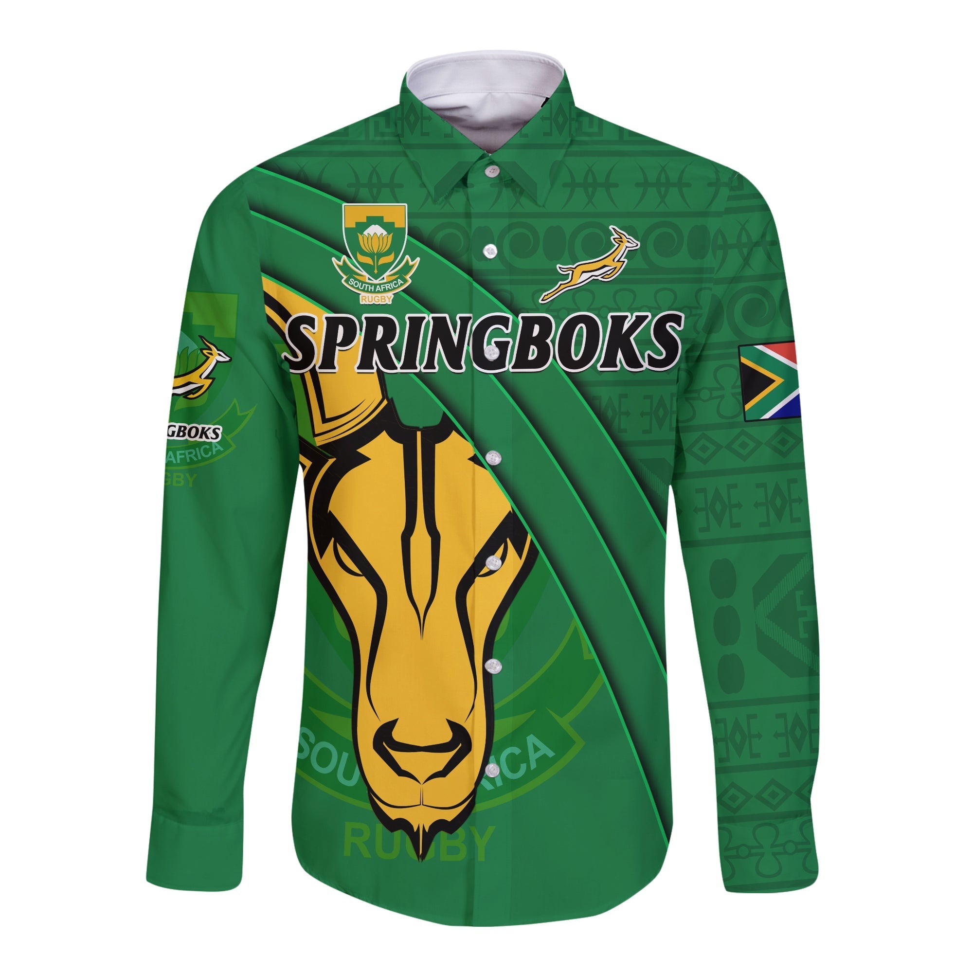 custom-text-and-number-south-africa-rugby-long-sleeve-button-shirt-bokke-springbok-with-african-pattern-stronger-together