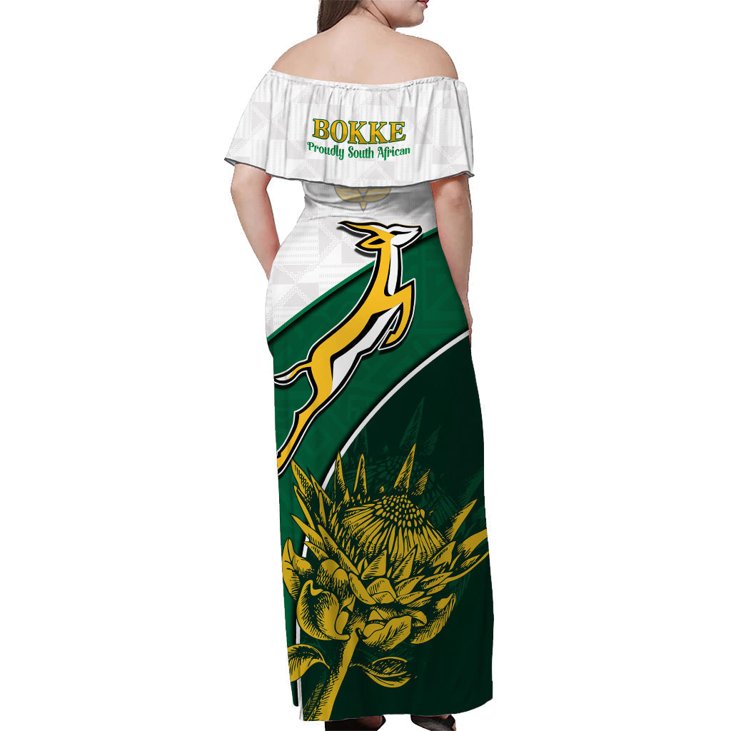 custom-personalised-south-africa-rugby-off-shoulder-long-dress-king-protea-proudly-springboks