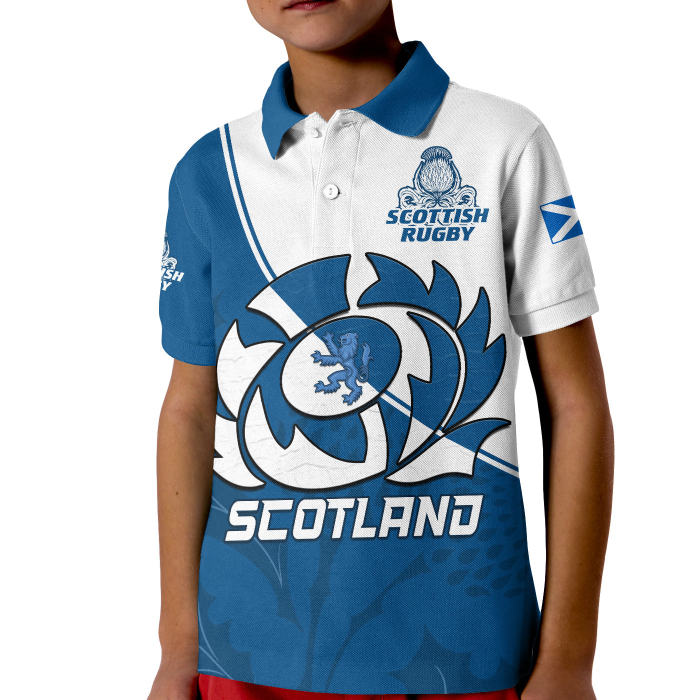 custom-text-and-number-scotland-rugby-polo-shirt-kid-scottish-coat-of-arms-mix-thistle-newest-version
