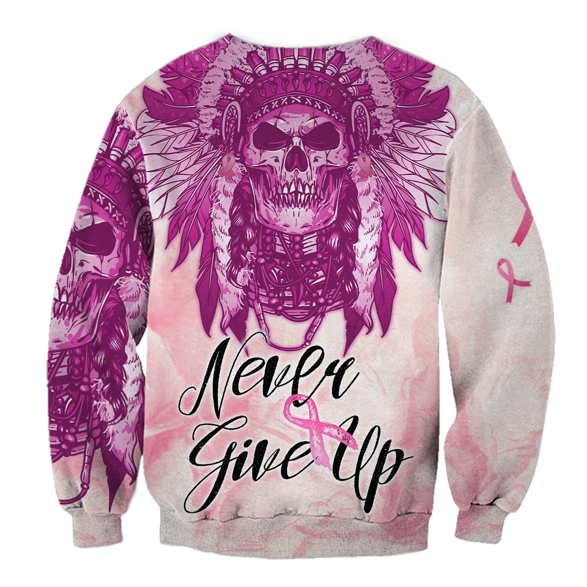 custom-personalised-pink-power-breast-cancer-sweatshirt-never-give-up-native-american-skull