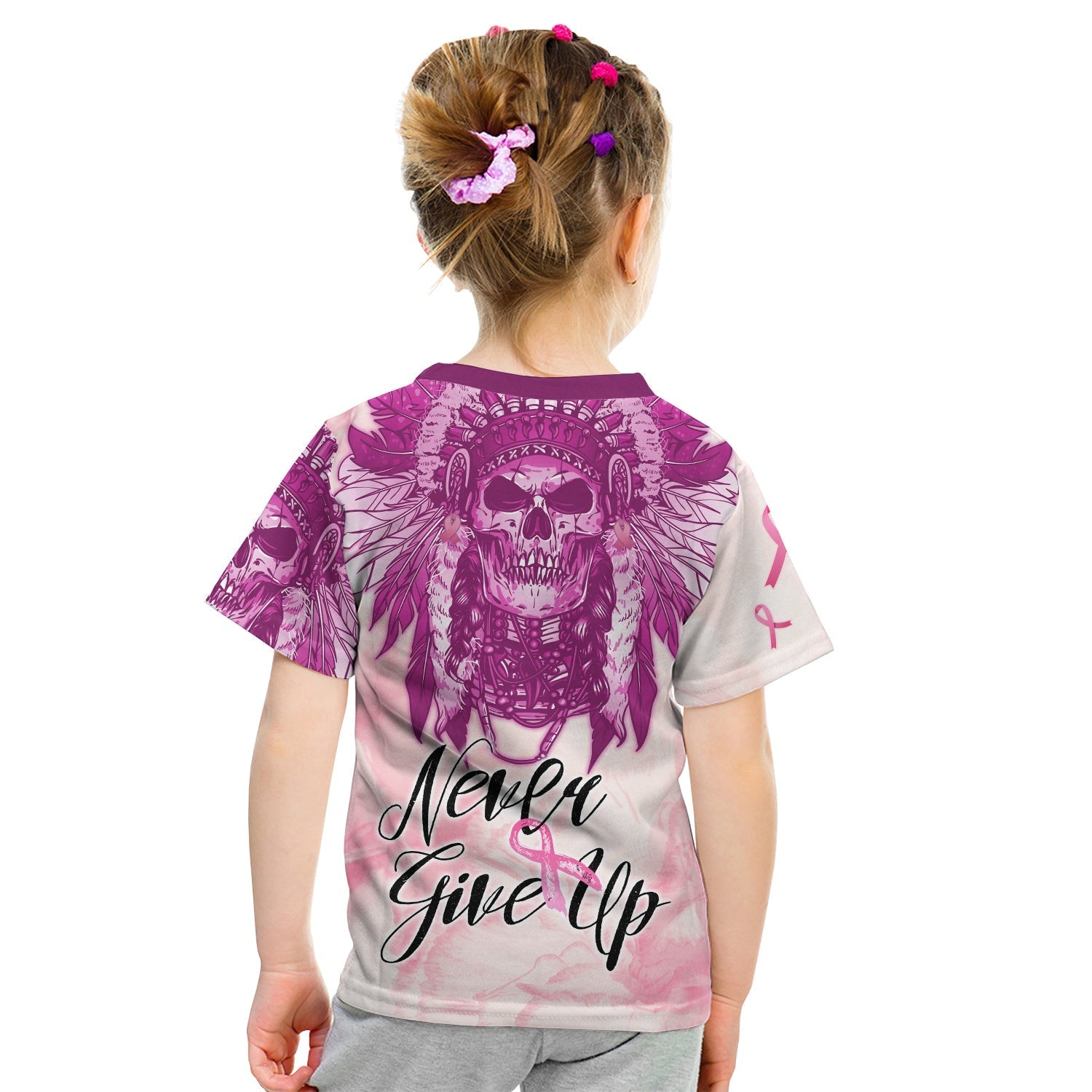 custom-personalised-pink-power-breast-cancer-t-shirt-never-give-up-native-american-skull