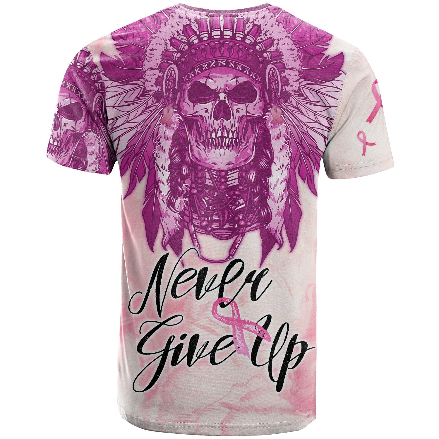 custom-personalised-pink-power-breast-cancer-t-shirt-never-give-up-native-american-skull