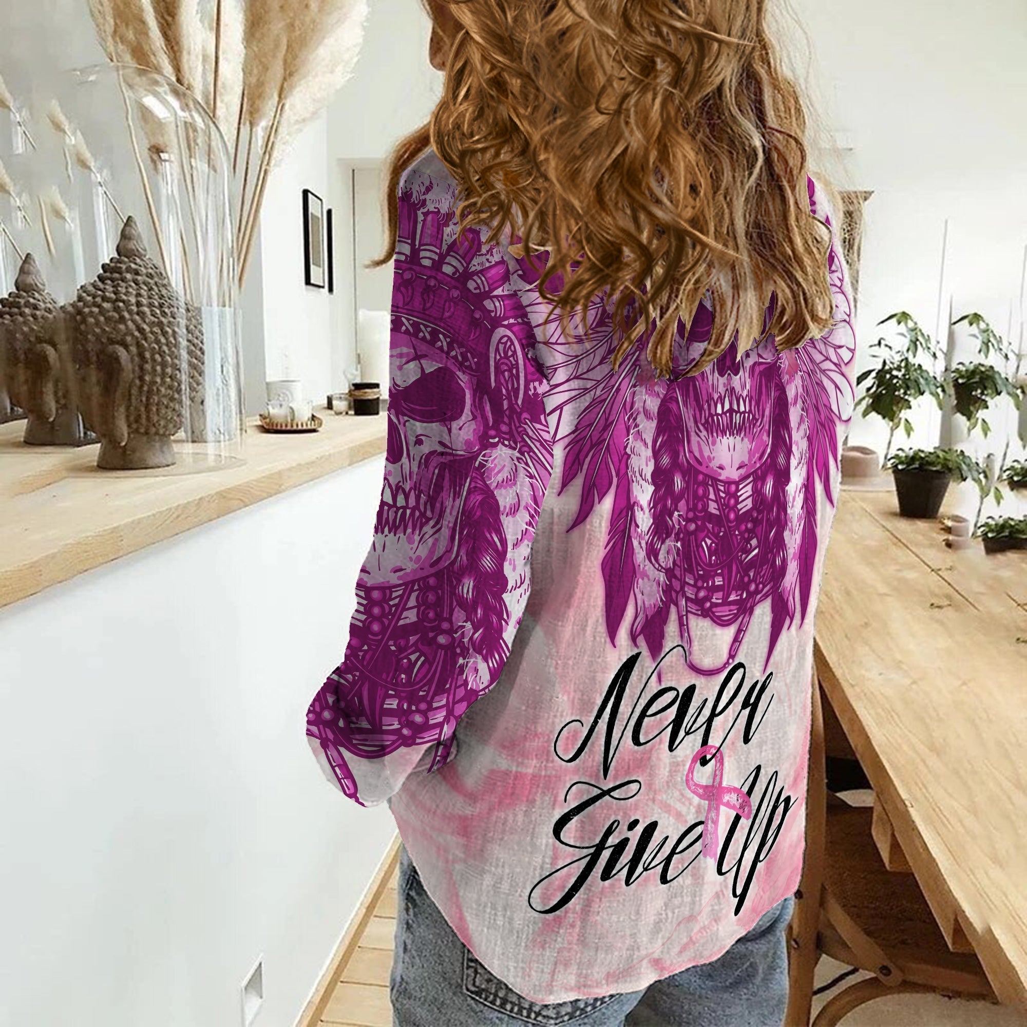 custom-personalised-pink-power-breast-cancer-women-casual-shirt-never-give-up-native-american-skull