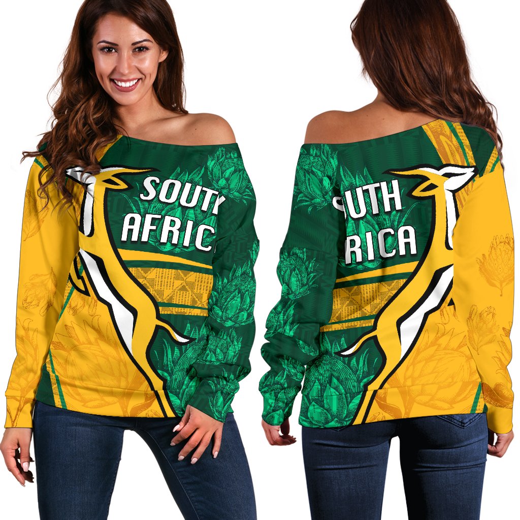 South Africa Springboks Off Shoulder Short Dress with Tribal Antelope Design and Floral Accents TS04 main image 1